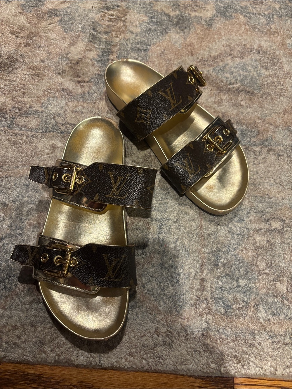 Louis Vuitton Brown Monogram & Gold Buckle Slide Sandals